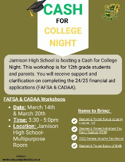 Dates and locations for the cash for college workshop